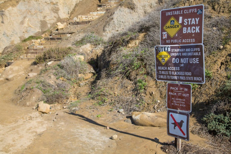 Warning signs at the base of Gliderport Trail on Black’s Beach
