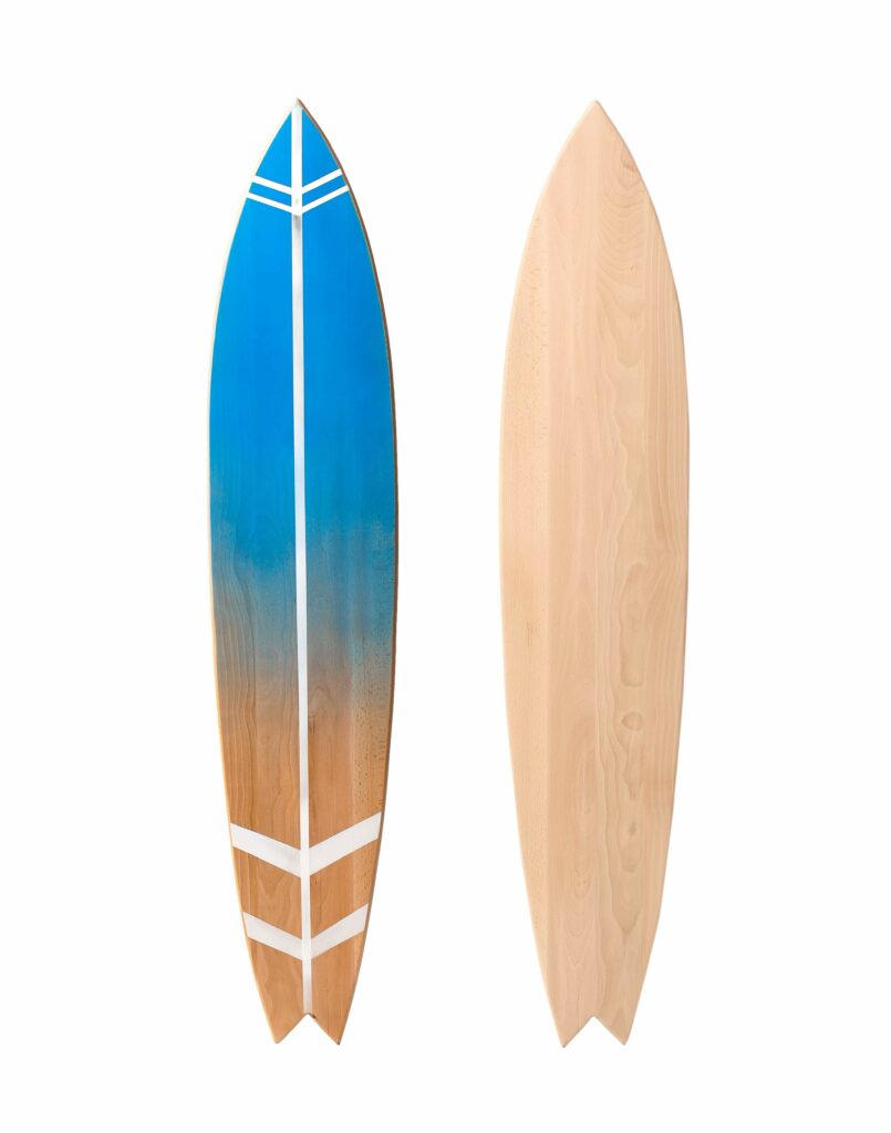 Bottom and top of a shortboard surfboard