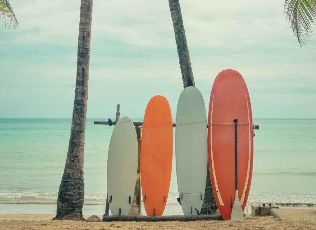 4 surfboards of different heights lined up next to each other