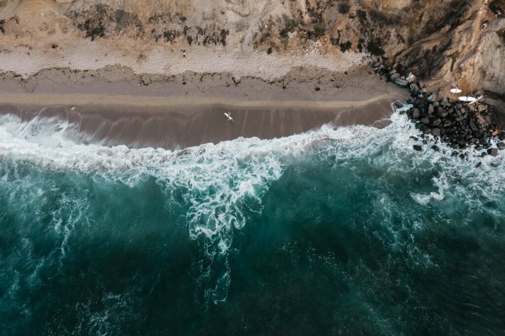 Aerial photograph of a popular surfing location in San Diego.