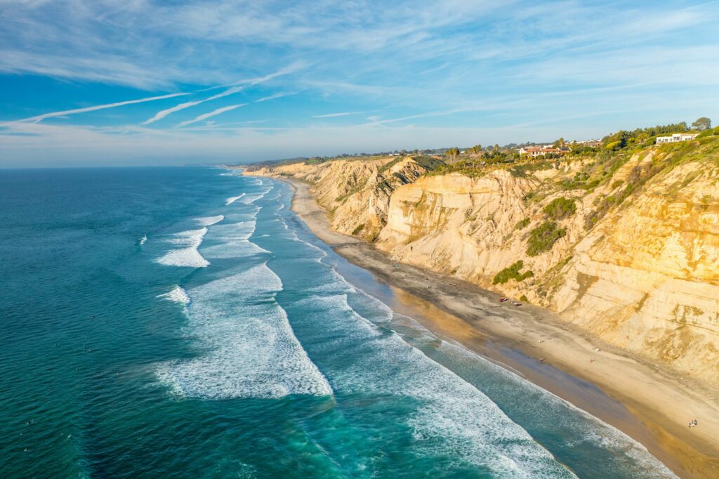 Aerial photograph of the beaches along San Diego's shoreline.