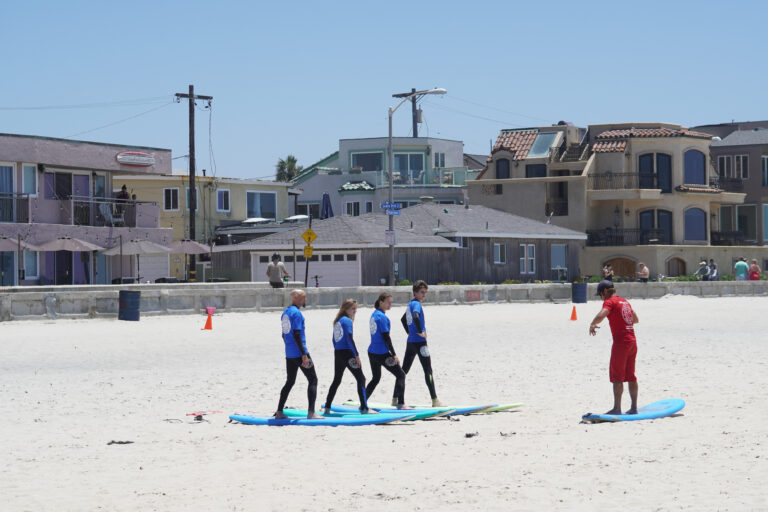 A group having surf lessons together