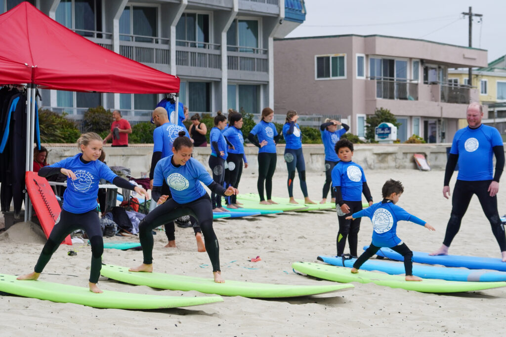 Kids in a surfing lesson
